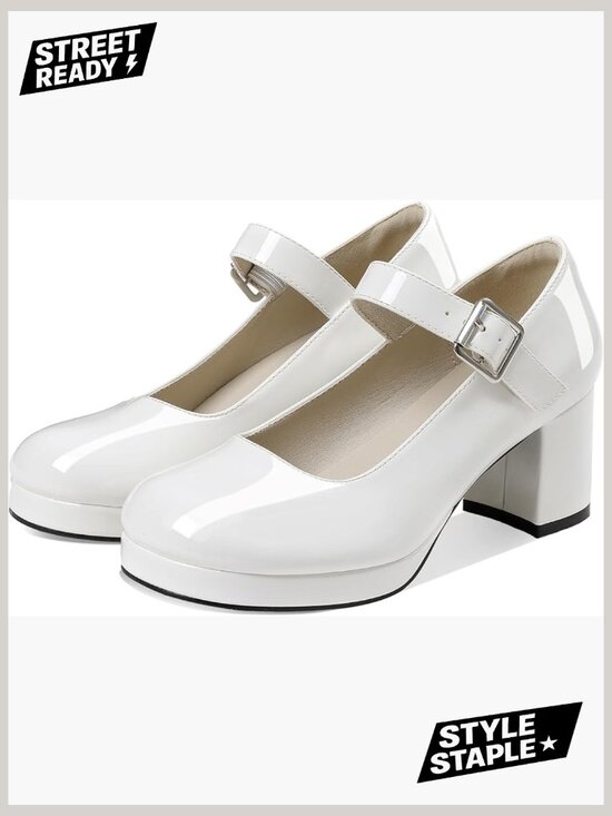 Shoes - Women's Low Chunky Heel Mary Jane Pumps Ankle Buckle Strap Round Toe Dress Shoes